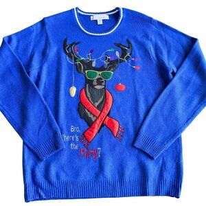 Jolly Sweaters "Bro, Where's The Party" Blue Reindeer Sweater - Size Large